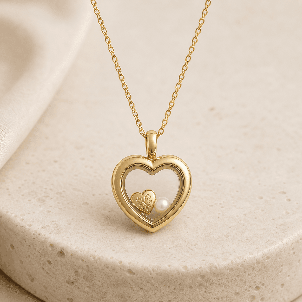 Preview image of a gold-colored heart-shaped locket with small charms